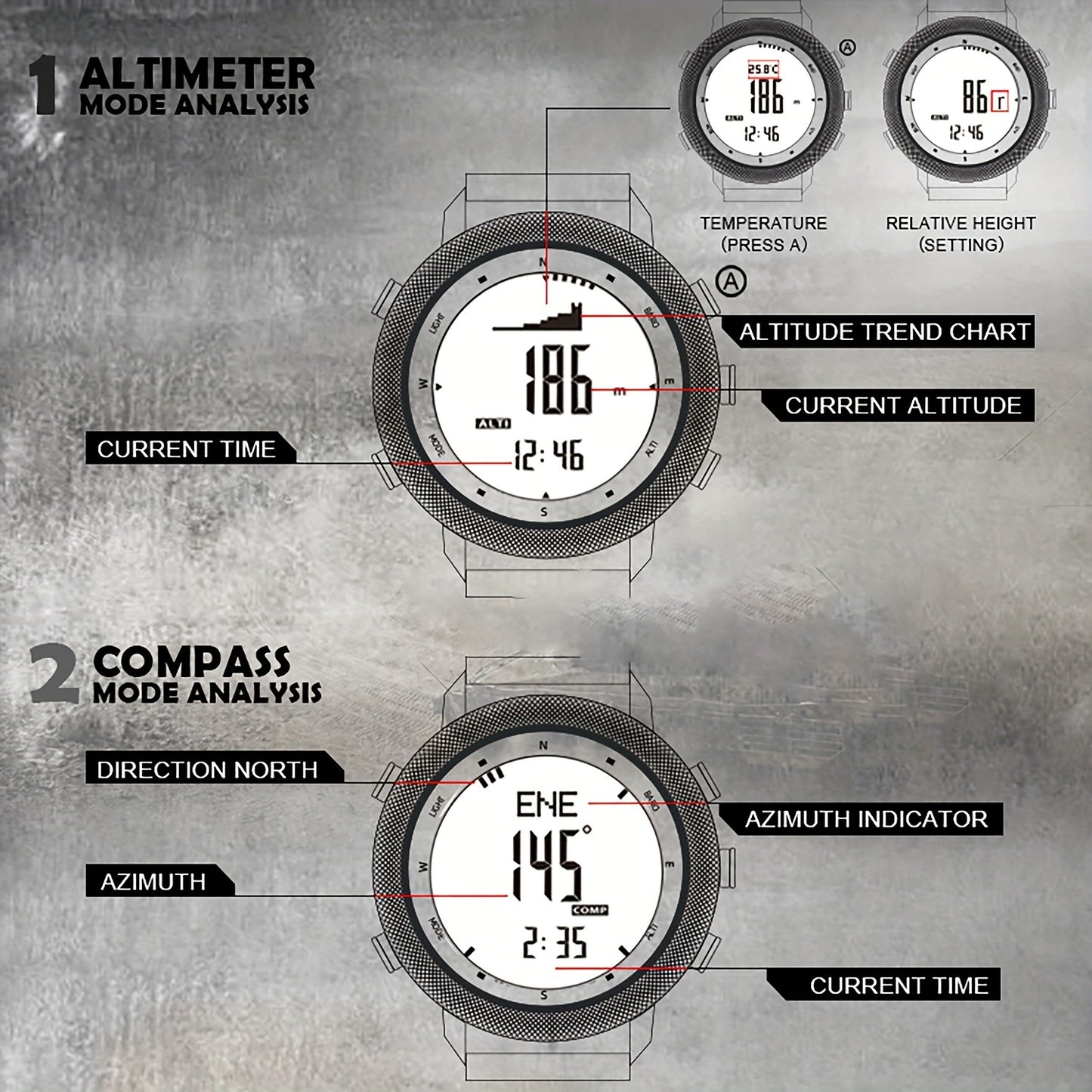 NORTH EDGE Men's Outdoor Sports Watch - 5ATM Digital Compass, Altimeter, Barometer, Thermometer, Metronome, Date\u002FStopwatch, Luminous Display, Alloy Case & Nylon Strap for Hiking, Swimming, Mountaineering