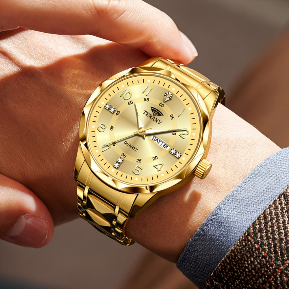Fashion Men'S Quartz Watch Rhombus Numeral Dial Double Calendar Luminous Waterproof Steel Strap Watch Rhinestone Decorative Watch Business Watch Gift