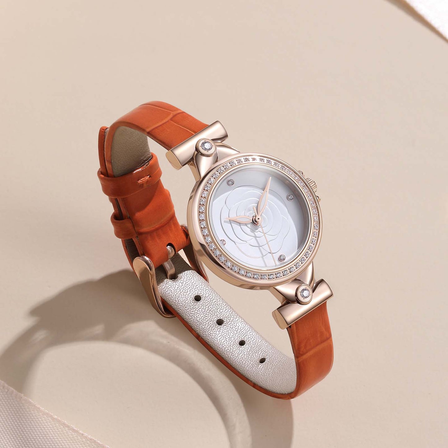 Elegant Rose Golden Quartz Watch for Women - Minimalist Business Casual Style with Floral Engraved Dial, White Calfskin Strap, and Golden-Tone Case, Perfect for Casual Attire, Casual Wear Watch | Floral Engraved Watch | Quartz Movement