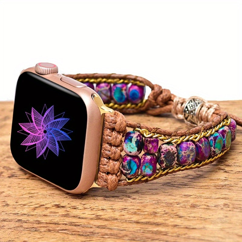 Bohemian Style Deep Blue & Purple Floral Stone Beaded Watch Strap - Handwoven Synthetic Synthetic Stone, Adjustable Metal Clasp for Fitness & Casual Wear, Fitness Accessory, Floral Pattern, Braided Design