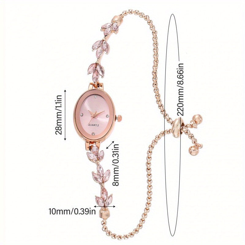 Elegant Rose Golden Women'S Watch with Black Leaf Accents - Mechanical Movement, Alloy Case & Band, Dial Display, Non, Stylish Accessory for Casual Attire, Casual Accessory | Elegant Watch Design | Alloy Watch Case