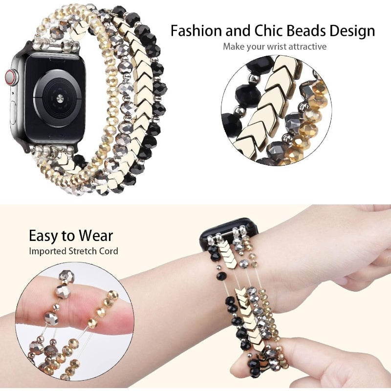 Beaded Bracelet Compatible with Apple Watch Bands 38mm 40mm 41mm 42mm 44mm 45mm Series 9 8 7 6 5 4 3 2 1 SE, Dressy Handmade Elastic Stretch Strap for iWatch Band Women