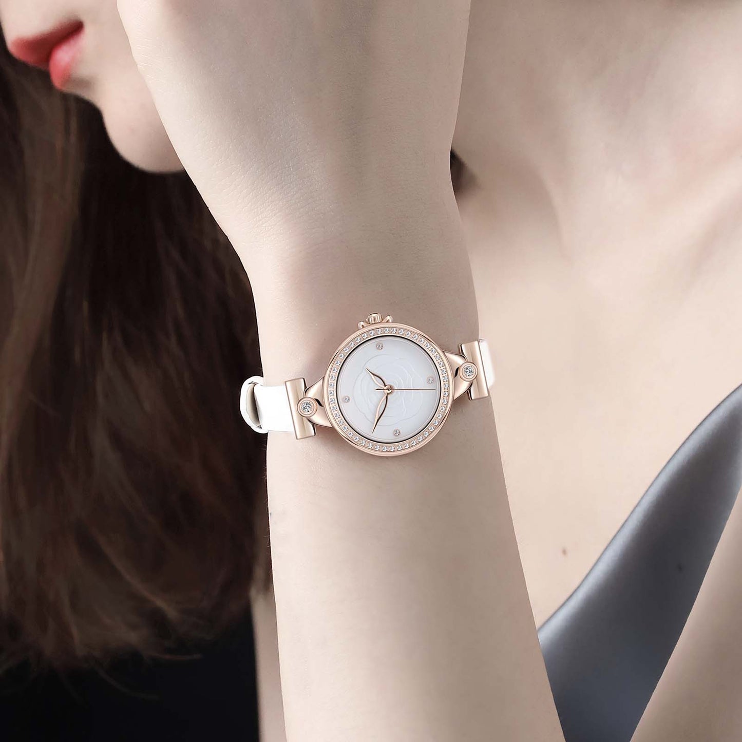 Elegant Rose Golden Quartz Watch for Women - Minimalist Business Casual Style with Floral Engraved Dial, White Calfskin Strap, and Golden-Tone Case, Perfect for Casual Attire, Casual Wear Watch | Floral Engraved Watch | Quartz Movement