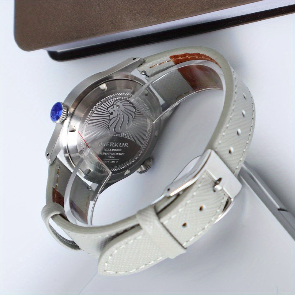 Merkur Men'S Casual World Time Watch, Vintage Mechanical Manual Wind, Stainless Steel Case, Genuine Leather Strap, 38mm, with Dual Crown, for Non-Waterproof, Without Battery