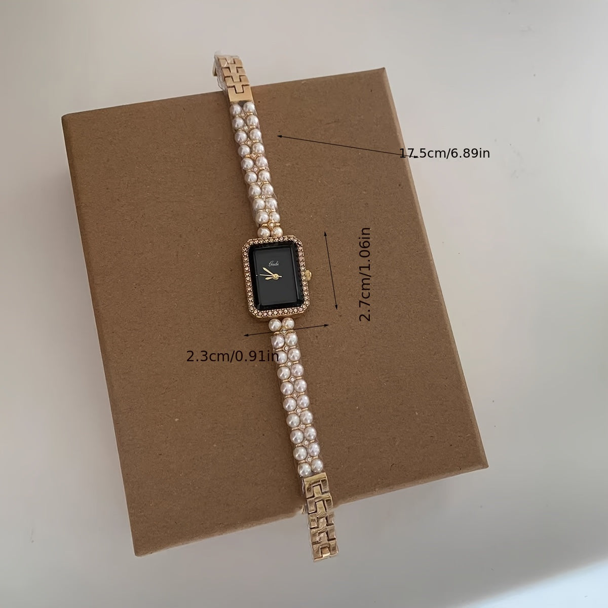 Elegant Square Dial Faux Pearl Bracelet Watch with Golden-Tone Zinc Alloy Band, Sparkling Rhinestone Accents, and Roman Numerals - Chic Fashion Accessory for Women, Ladies Watch