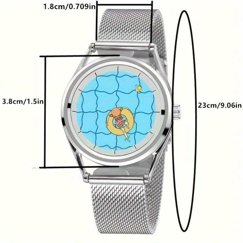 Stainless Steel Watch Minimalist Women's Stainless Steel Mesh Band Watch | Creative Design Wristwatch with Quartz Movement and Unique Dual-Needle Personalized Style