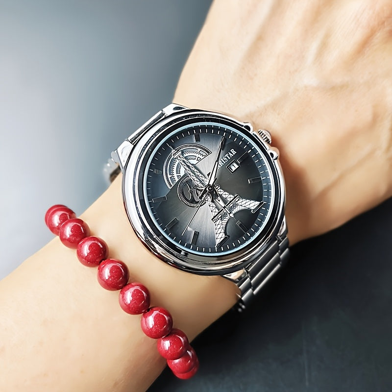 Men's Classic Quartz Watch with Unique Iron Tower Design