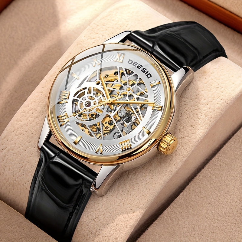 2025 Men's Automatic Skeleton Watch - Stainless Steel Case & PU Leather Strap, Exposed Mechanical Movement, No Battery Needed, Casual Luxury Style for Valentine's Day, Football Matches, Halloween, Christmas & Father's Day Gifts