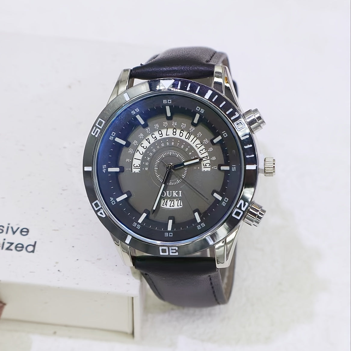 Men'S Business Casual Quartz Watch with Calendar, Date Display, and 24-Hour Time - Large Round Dial, Brown Faux Leather Strap, Alloy Case, Black Dial with White Markings, Battery Operated, Business Casual Wear | Sleek Watch Design | Alloy Case Watch