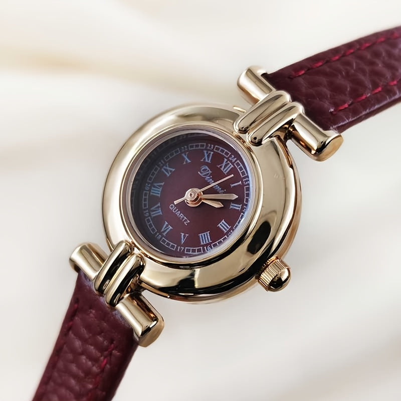 Elegant Women'S Quartz Watch with Red Faux Leather Strap - Bohemian Style, Round Dial, Golden-Tone Case, Perfect Gift for Her, Stylish Accessory|Bohemian Style Watch|Quartz Movement