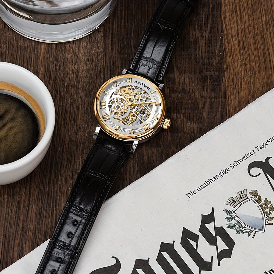 2025 Men's Automatic Skeleton Watch - Stainless Steel Case & PU Leather Strap, Exposed Mechanical Movement, No Battery Needed, Casual Luxury Style for Valentine's Day, Football Matches, Halloween, Christmas & Father's Day Gifts