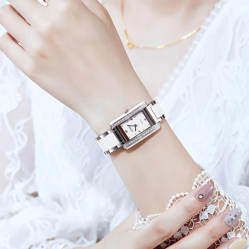 A Rectangular Dial Ladies Watch From Europe With A White Ceramic Case And Stainless Steel Strap, Featuring A Square Japanese Quartz Movement, Delicate And Versatile For Daily Casual Gatherings.