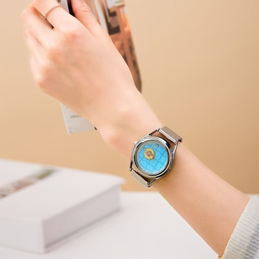 Stainless Steel Watch Minimalist Women's Stainless Steel Mesh Band Watch | Creative Design Wristwatch with Quartz Movement and Unique Dual-Needle Personalized Style
