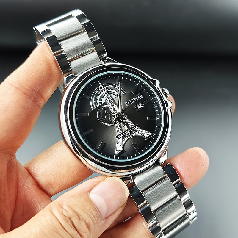 Men's Classic Quartz Watch with Unique Iron Tower Design
