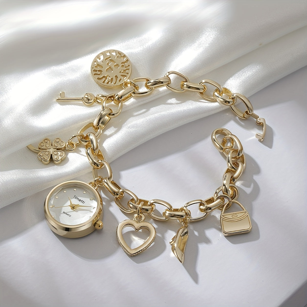 Bohemian Wristwatch Bracelet with Golden-Tone Zinc Alloy Case, Stainless Steel Band & Quartz Movement - Decorative Charms (Clover, Key, Star) for Casual Attire or Gift