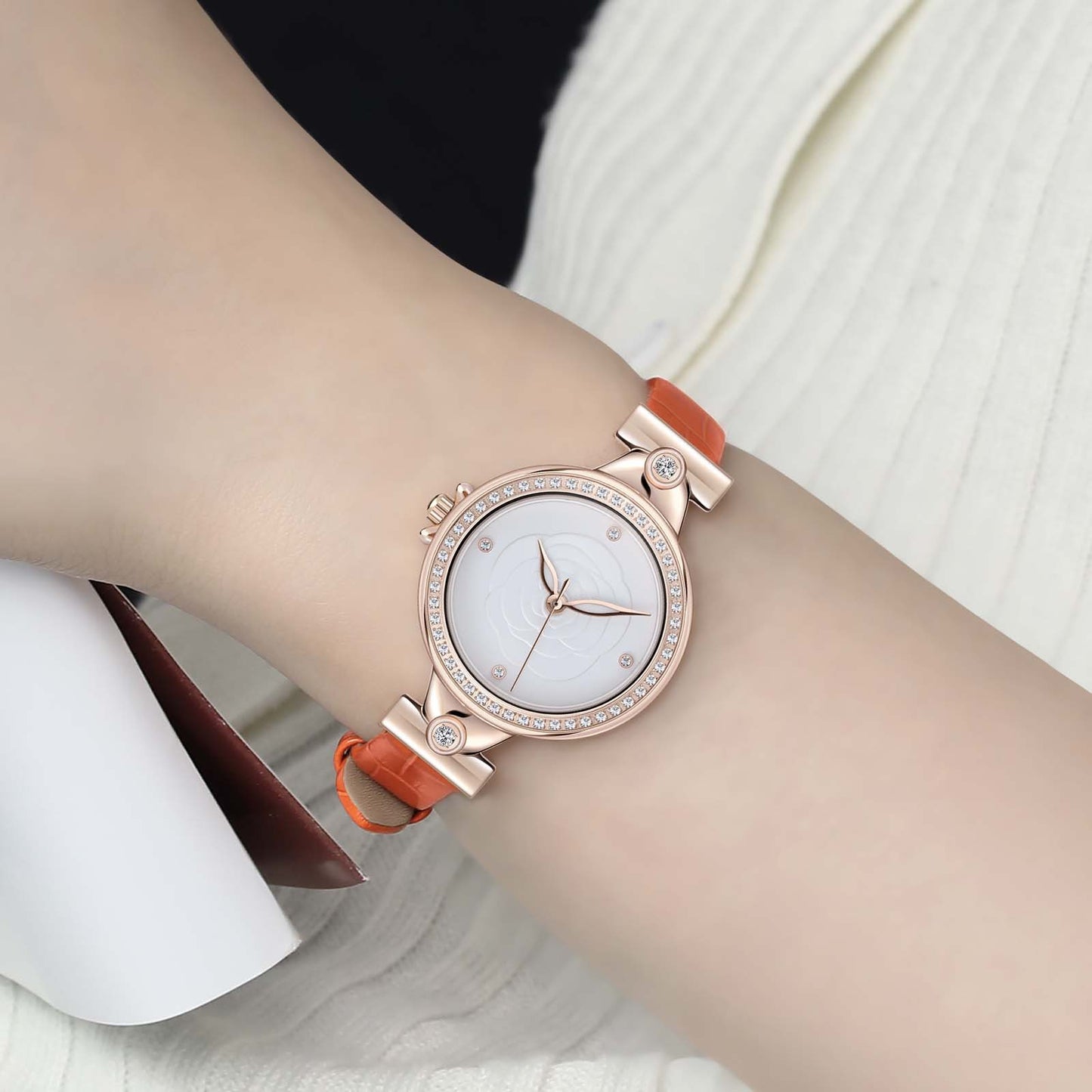 Elegant Rose Golden Quartz Watch for Women - Minimalist Business Casual Style with Floral Engraved Dial, White Calfskin Strap, and Golden-Tone Case, Perfect for Casual Attire, Casual Wear Watch | Floral Engraved Watch | Quartz Movement