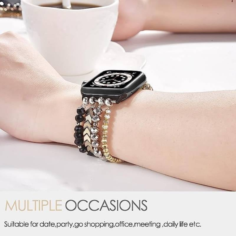 Beaded Bracelet Compatible with Apple Watch Bands 38mm 40mm 41mm 42mm 44mm 45mm Series 9 8 7 6 5 4 3 2 1 SE, Dressy Handmade Elastic Stretch Strap for iWatch Band Women