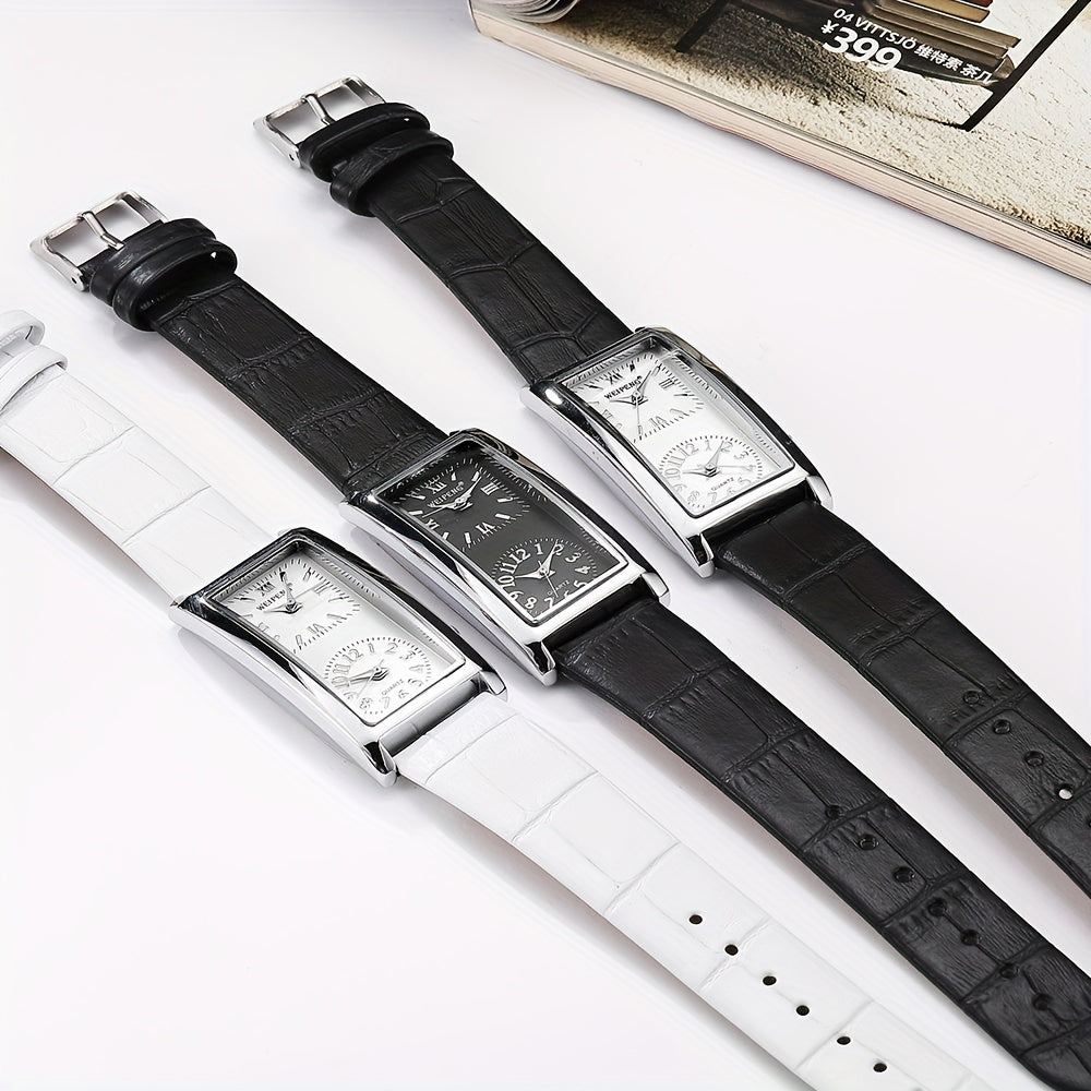 Dual Time Zone Watch Stylish Dual Time Zone Quartz Watch - Elegant Rectangular Face with Roman Numerals, Black PU Leather Strap, World Time Feature, Zinc Alloy Case, Perfect for Casual or Business Wear