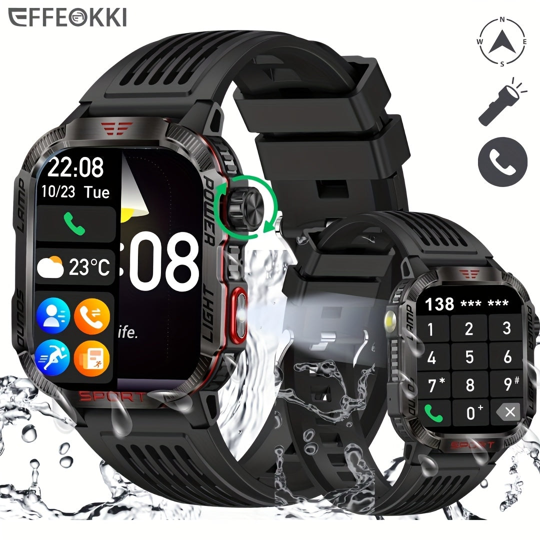 Effeokki Rugged Smart Watch for Men with Wireless Calling, 2.01 Inch IPS Display, 100+ Sports Modes, Fitness Tracker, Altitude air pressure, Compass, LED Flashlight, High Quality, Compatible with iPhone & Android for Outdoor & Adventure
