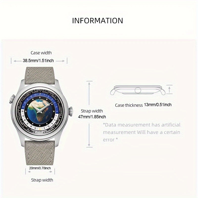Merkur Men'S Casual World Time Watch, Vintage Mechanical Manual Wind, Stainless Steel Case, Genuine Leather Strap, 38mm, with Dual Crown, for Non-Waterproof, Without Battery