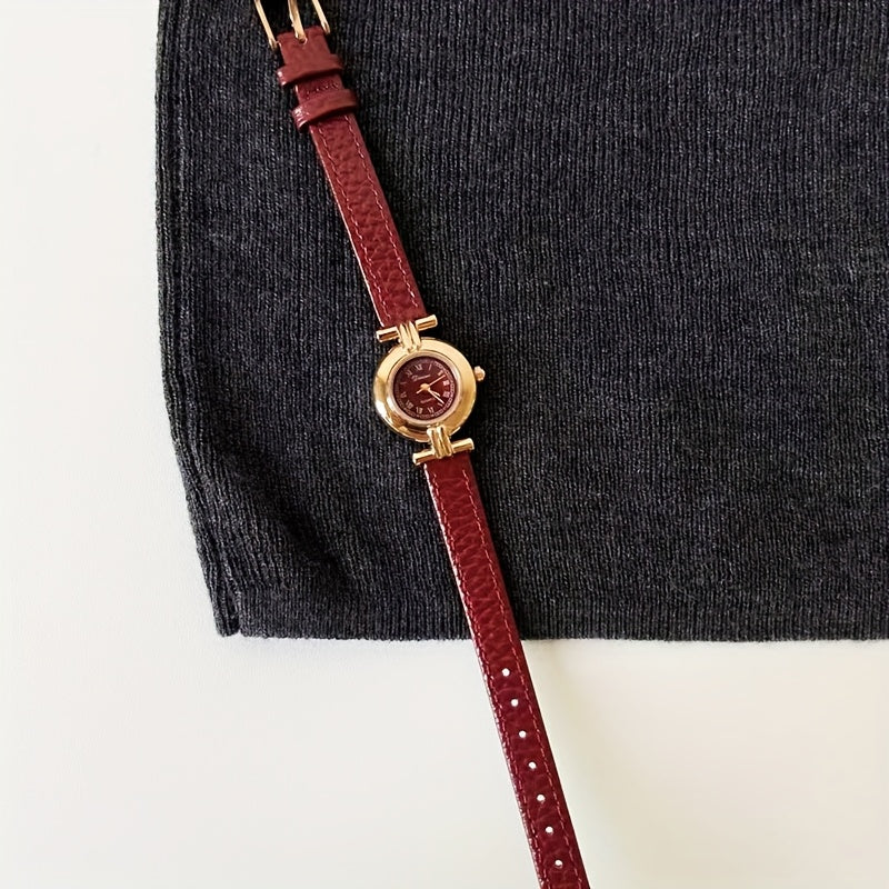 Elegant Women'S Quartz Watch with Red Faux Leather Strap - Bohemian Style, Round Dial, Golden-Tone Case, Perfect Gift for Her, Stylish Accessory|Bohemian Style Watch|Quartz Movement