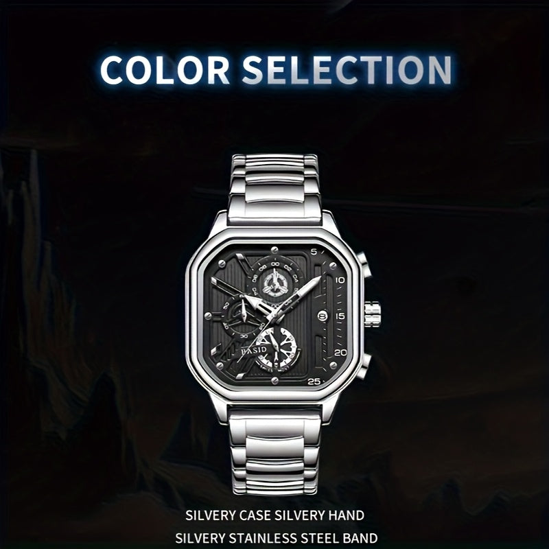Men'S Elegant Black Silveryy Stainless Steel Quartz Watch with World Time & Date Display, Multi-Functional Dial, Pointer Display, Battery-Powered (Button Cell) for Casual & Formal Wear, Formal Timepiece, Robust Timepiece