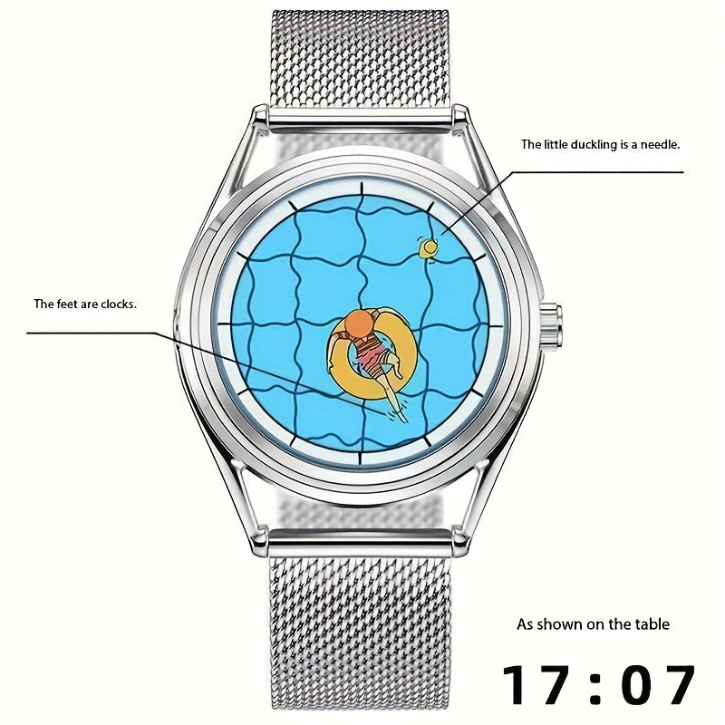 Stainless Steel Watch Minimalist Women's Stainless Steel Mesh Band Watch | Creative Design Wristwatch with Quartz Movement and Unique Dual-Needle Personalized Style