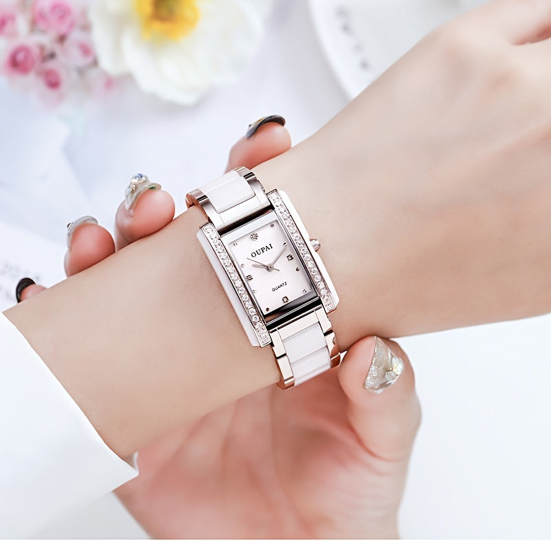 A Rectangular Dial Ladies Watch From Europe With A White Ceramic Case And Stainless Steel Strap, Featuring A Square Japanese Quartz Movement, Delicate And Versatile For Daily Casual Gatherings.