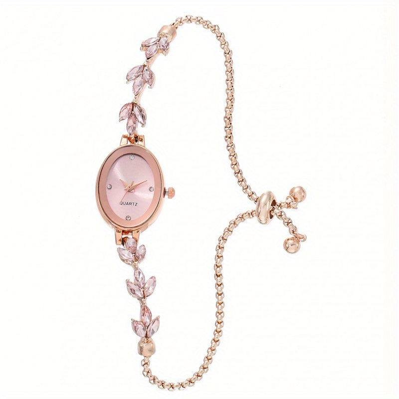 Elegant Rose Golden Women'S Watch with Black Leaf Accents - Mechanical Movement, Alloy Case & Band, Dial Display, Non, Stylish Accessory for Casual Attire, Casual Accessory | Elegant Watch Design | Alloy Watch Case