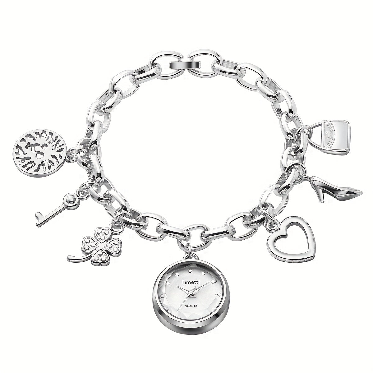 Bohemian Wristwatch Bracelet with Golden-Tone Zinc Alloy Case, Stainless Steel Band & Quartz Movement - Decorative Charms (Clover, Key, Star) for Casual Attire or Gift