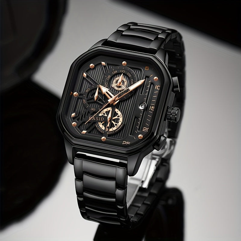Men'S Elegant Black Silveryy Stainless Steel Quartz Watch with World Time & Date Display, Multi-Functional Dial, Pointer Display, Battery-Powered (Button Cell) for Casual & Formal Wear, Formal Timepiece, Robust Timepiece