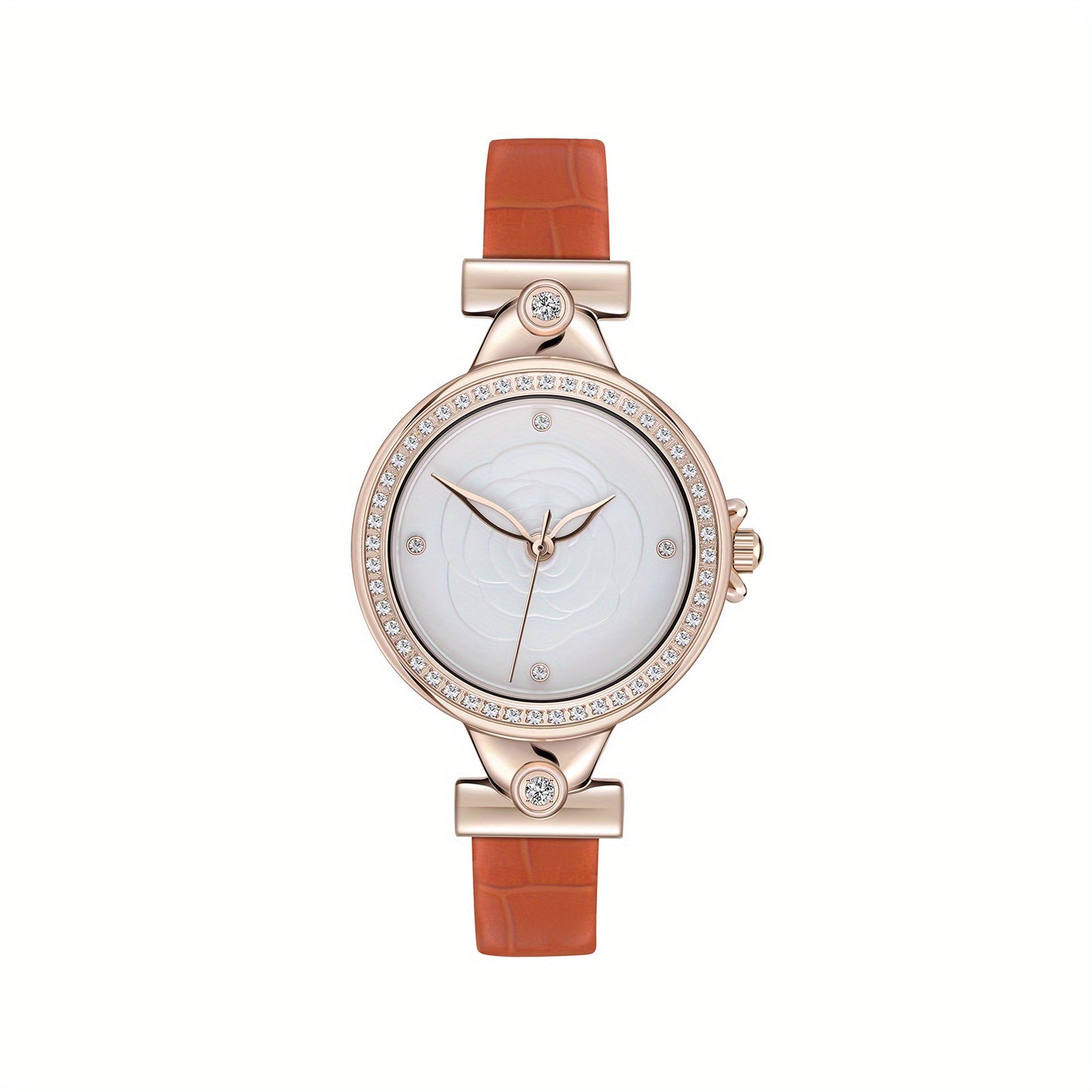 Elegant Rose Golden Quartz Watch for Women - Minimalist Business Casual Style with Floral Engraved Dial, White Calfskin Strap, and Golden-Tone Case, Perfect for Casual Attire, Casual Wear Watch | Floral Engraved Watch | Quartz Movement