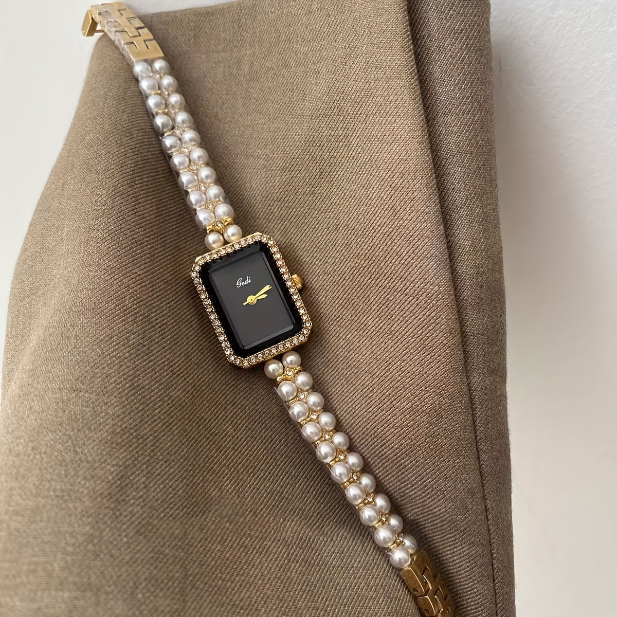 Elegant Square Dial Faux Pearl Bracelet Watch with Golden-Tone Zinc Alloy Band, Sparkling Rhinestone Accents, and Roman Numerals - Chic Fashion Accessory for Women, Ladies Watch