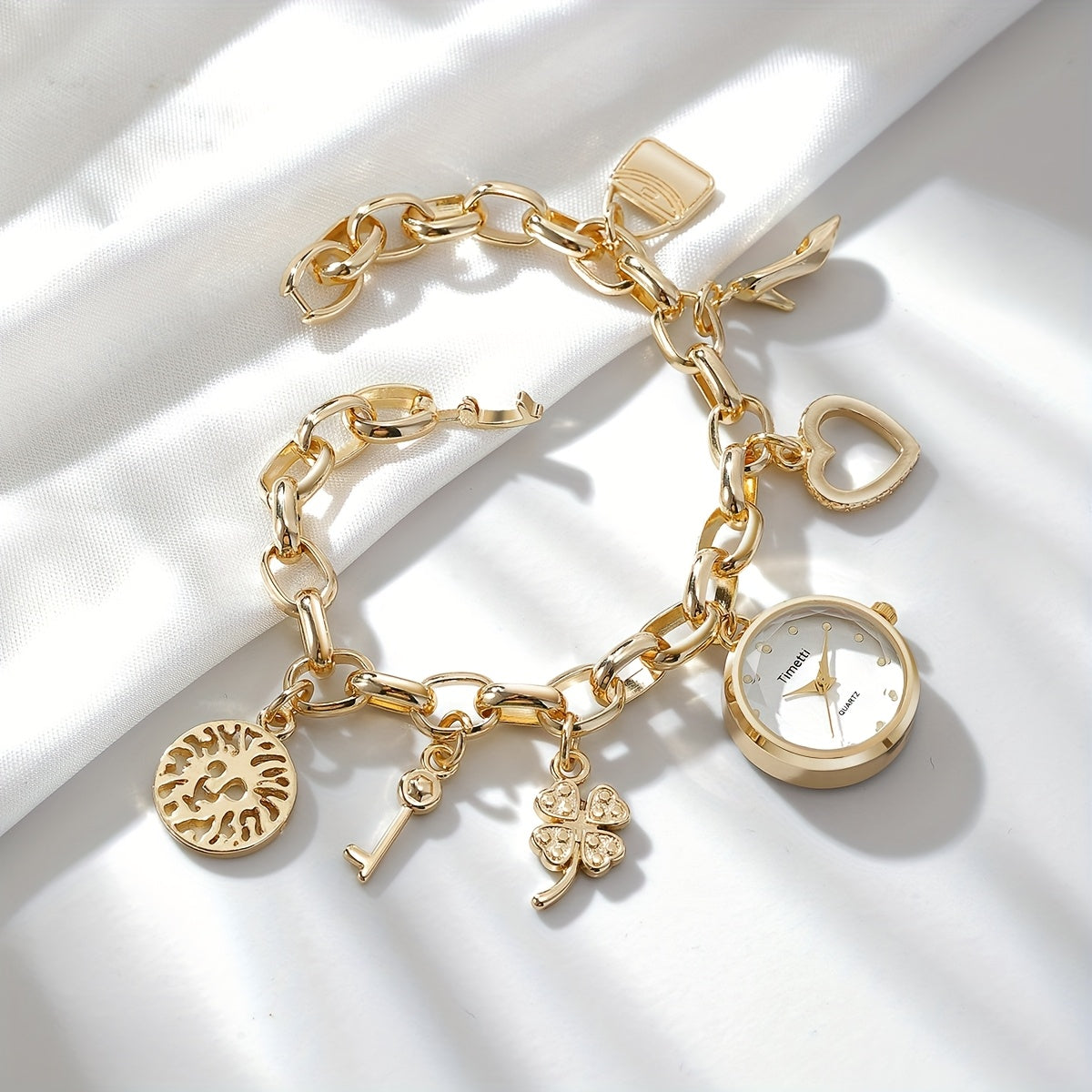 Bohemian Wristwatch Bracelet with Golden-Tone Zinc Alloy Case, Stainless Steel Band & Quartz Movement - Decorative Charms (Clover, Key, Star) for Casual Attire or Gift
