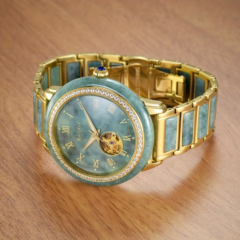 Luxury Watch GEZFEEL Luxury Mechanical Watch, Jade Hollow-Out | Stainless Steel Band, Fashionable Couples' Timepiece
