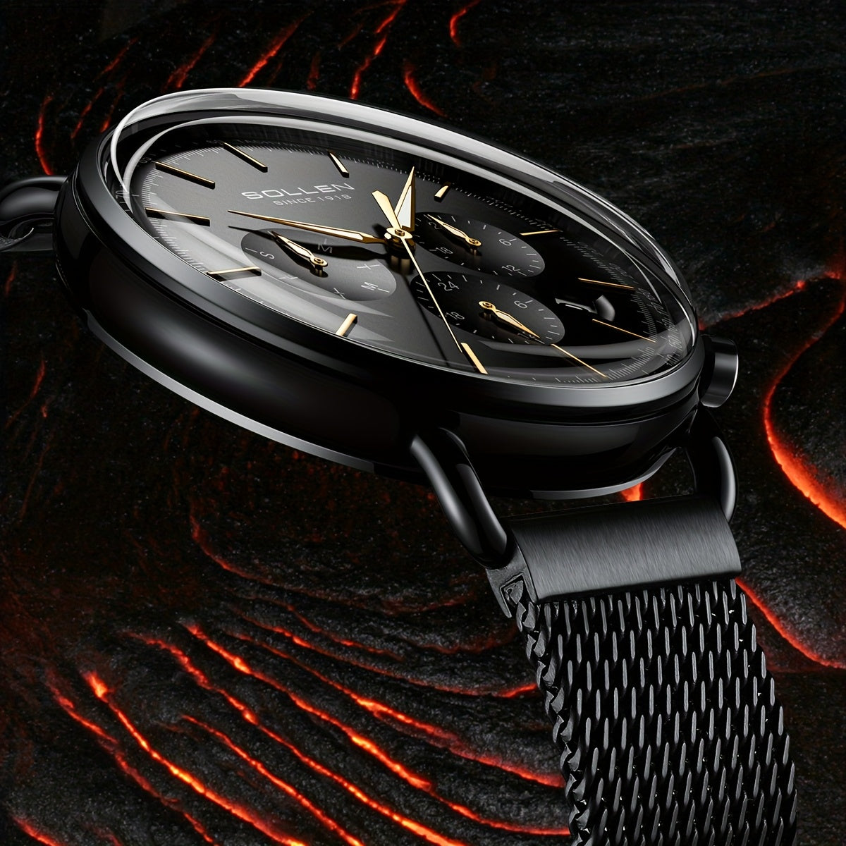 Men's Quartz Mesh Watch Model 705 - Boardroom Maverick Collection, Stainless Steel Case & Mesh Strap, Black Dial with Golden Accents, Business Casual Watch for Professionals, Casual Attire & Gifts Suitable for teens