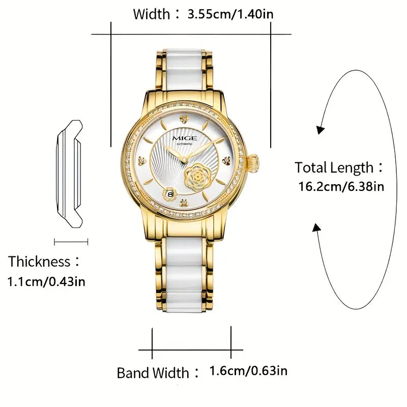 MIGE Elegant Women'S Stainless Steel Automatic Watch with Luminous Hands - Round Face, White Dial, Rose Golden Accents, and Sparkling Bezel - Perfect for Casual, Business, and Everyday Wear