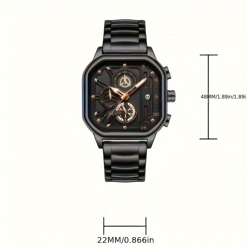 Men'S Elegant Black Silveryy Stainless Steel Quartz Watch with World Time & Date Display, Multi-Functional Dial, Pointer Display, Battery-Powered (Button Cell) for Casual & Formal Wear, Formal Timepiece, Robust Timepiece