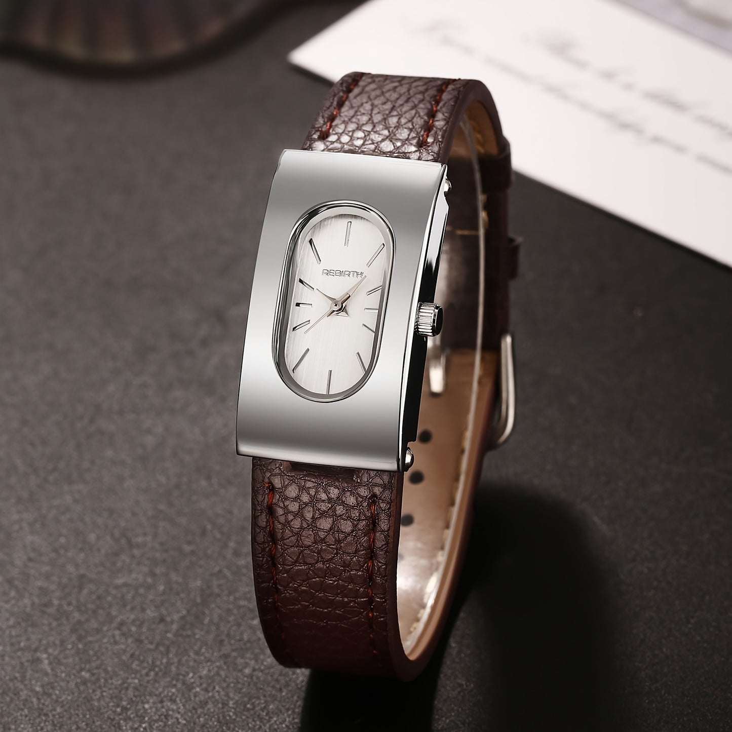 Rebirth Women'S Quartz Watch - Stylish Casual College Style with Brown Faux Leather Strap, Golden-Tone Case, and Date Display, Perfect for Casual Attire, Everyday Timepiece, Sophisticated Timepiece