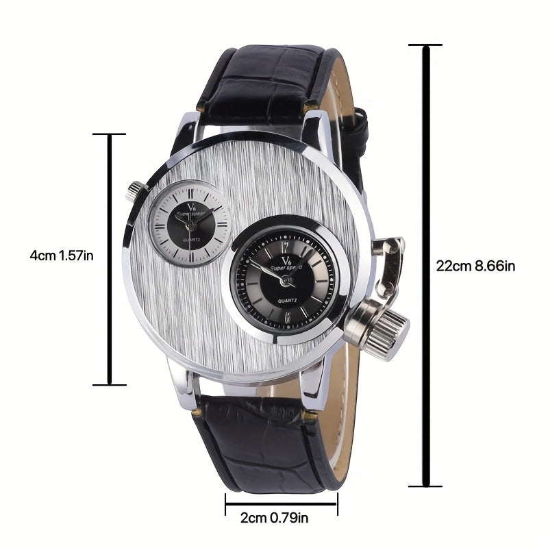 Elegant Watch Vintage Men's Large Dial Watch | Fashionable Dual Time Zone, Quartz Movement, Alloy Case, Black Faux Leather Strap, Battery Operated