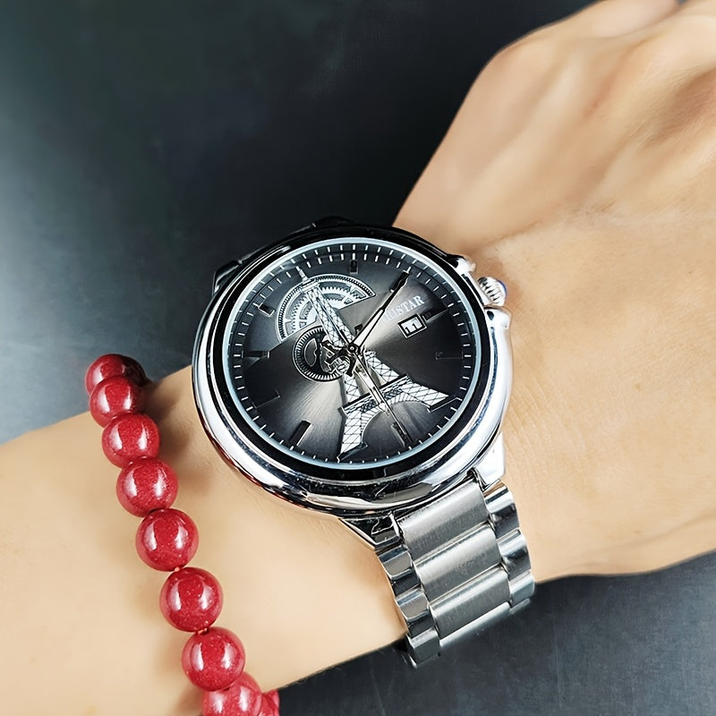Men's Classic Quartz Watch with Unique Iron Tower Design