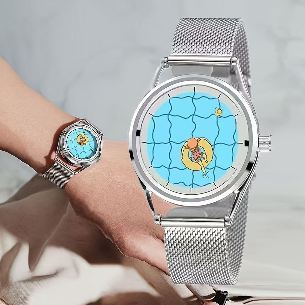 Stainless Steel Watch Minimalist Women's Stainless Steel Mesh Band Watch | Creative Design Wristwatch with Quartz Movement and Unique Dual-Needle Personalized Style