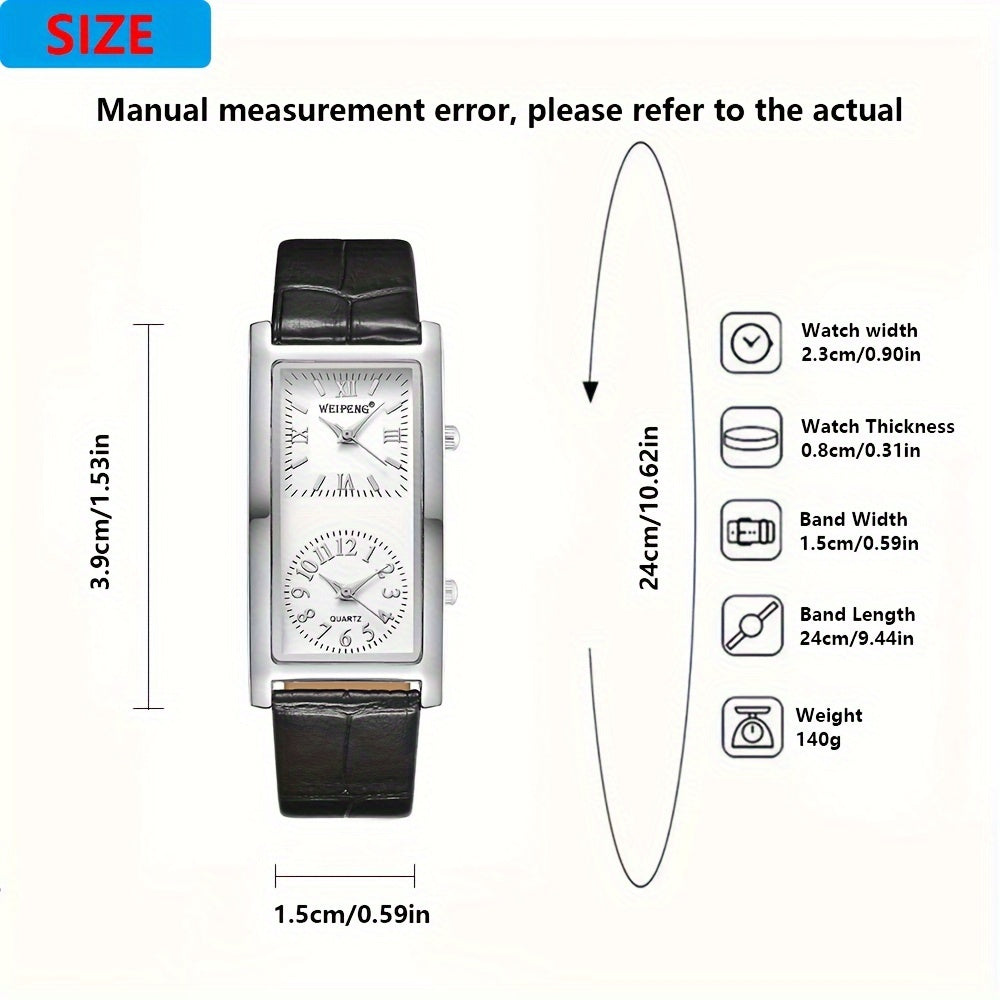 Dual Time Zone Watch Stylish Dual Time Zone Quartz Watch - Elegant Rectangular Face with Roman Numerals, Black PU Leather Strap, World Time Feature, Zinc Alloy Case, Perfect for Casual or Business Wear