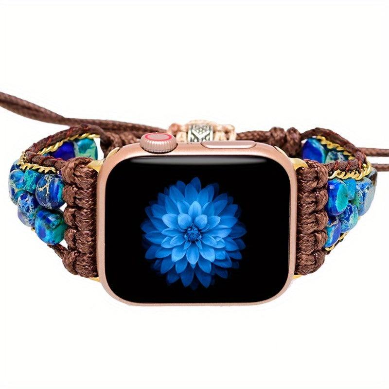 Bohemian Style Deep Blue & Purple Floral Stone Beaded Watch Strap - Handwoven Synthetic Synthetic Stone, Adjustable Metal Clasp for Fitness & Casual Wear, Fitness Accessory, Floral Pattern, Braided Design