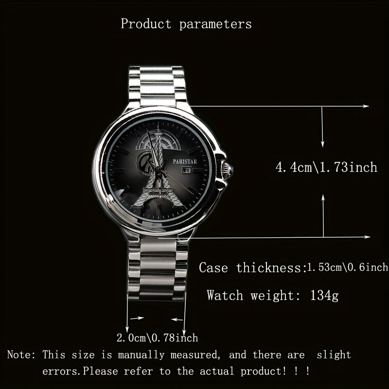Men's Classic Quartz Watch with Unique Iron Tower Design