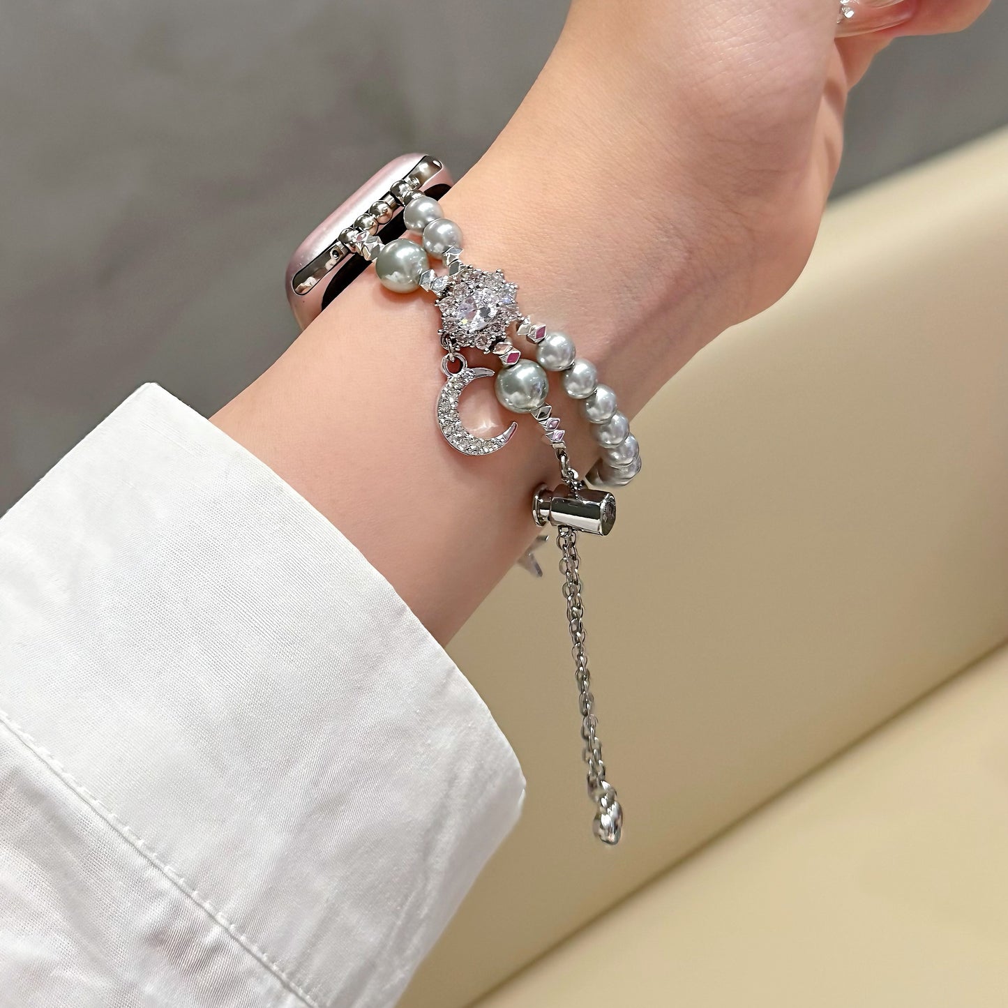Elegant Star and Moon Design Smartwatch Band with Faux Pearls and Sparkling Crystals, Durable Metal Alloy Watch Strap for Apple Watch - No Battery, Tech Accessory | Elegant Accessory | Alloy Constructio