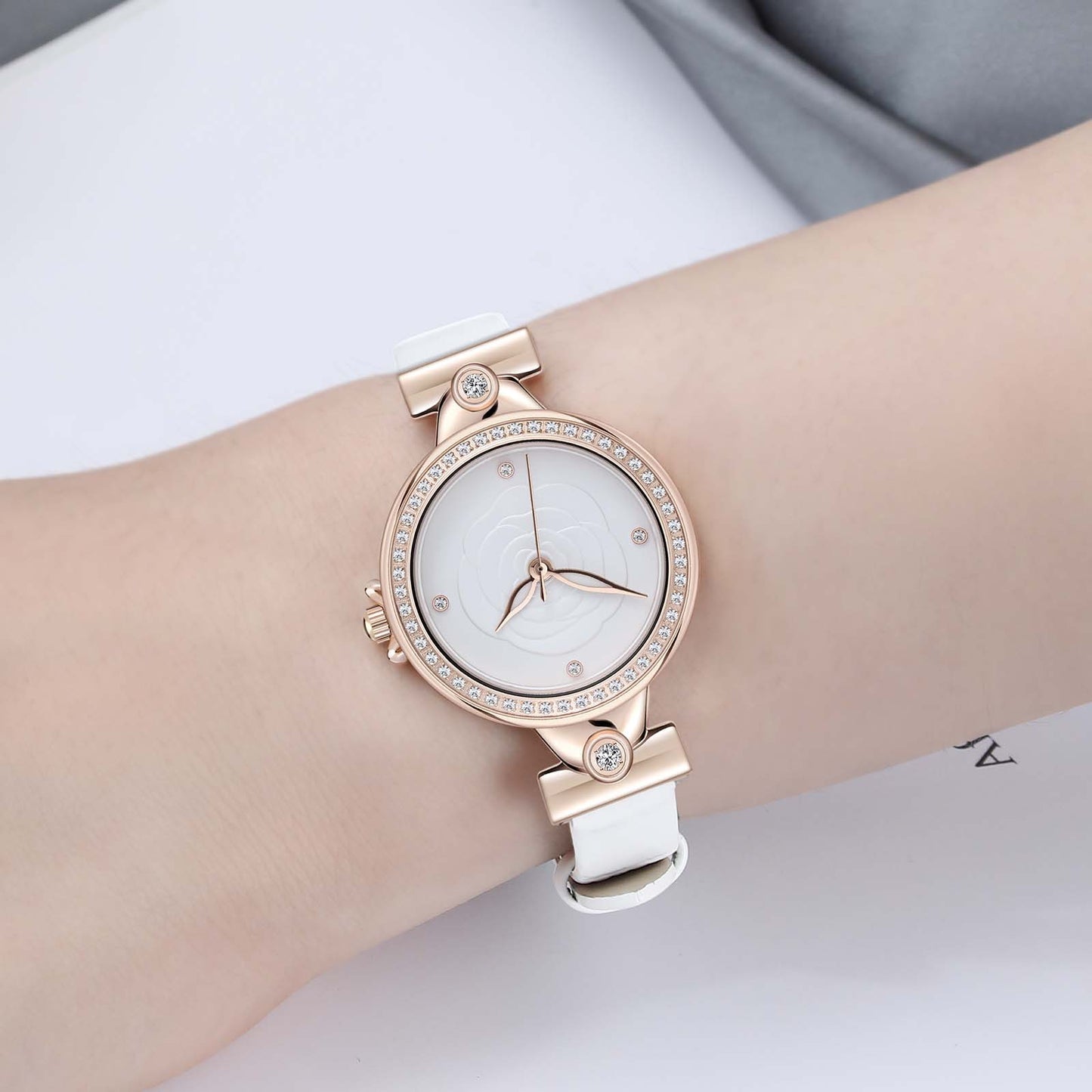 Elegant Rose Golden Quartz Watch for Women - Minimalist Business Casual Style with Floral Engraved Dial, White Calfskin Strap, and Golden-Tone Case, Perfect for Casual Attire, Casual Wear Watch | Floral Engraved Watch | Quartz Movement