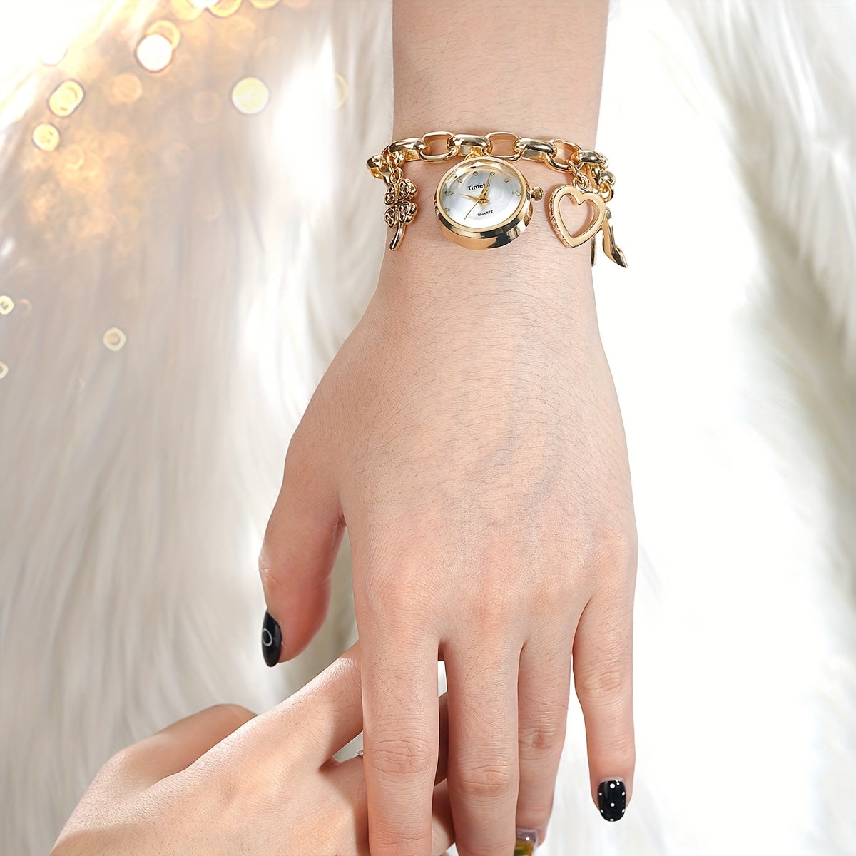 Bohemian Wristwatch Bracelet with Golden-Tone Zinc Alloy Case, Stainless Steel Band & Quartz Movement - Decorative Charms (Clover, Key, Star) for Casual Attire or Gift