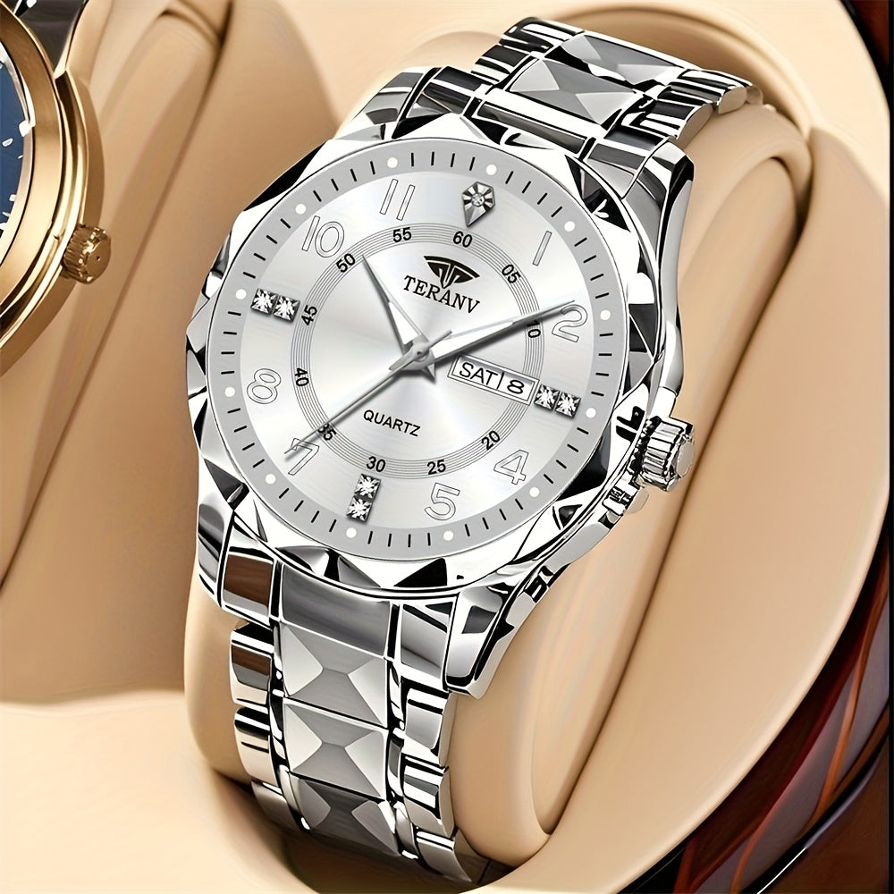 Fashion Men'S Quartz Watch Rhombus Numeral Dial Double Calendar Luminous Waterproof Steel Strap Watch Rhinestone Decorative Watch Business Watch Gift