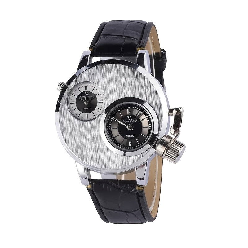 Elegant Watch Vintage Men's Large Dial Watch | Fashionable Dual Time Zone, Quartz Movement, Alloy Case, Black Faux Leather Strap, Battery Operated